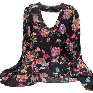 Grace & Lace Blouse Black Red Birds Floral Size Medium